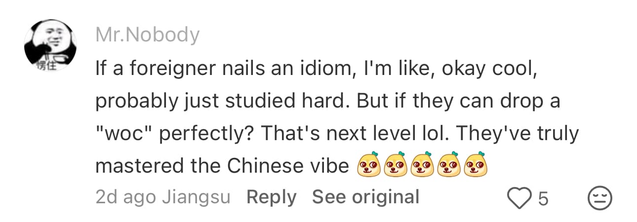 TikTok/Douyin comment from Mr.Nobody: If a foreigner nails an idiom, okay cool. But if they can drop a 'woc' perfectly? That's next level. They've truly mastered the Chinese vibe.