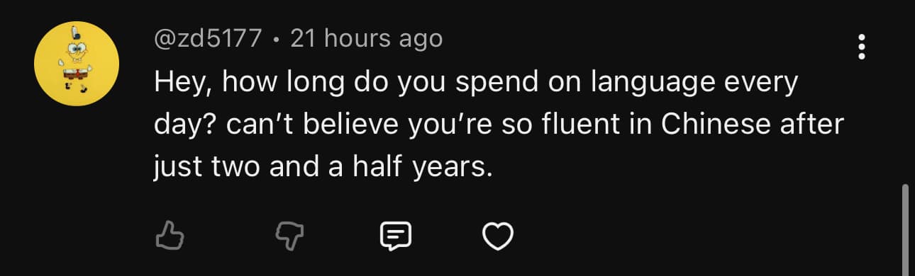 YouTube comment from @zd5177: Can't believe you're so fluent in Chinese after just two and a half years.